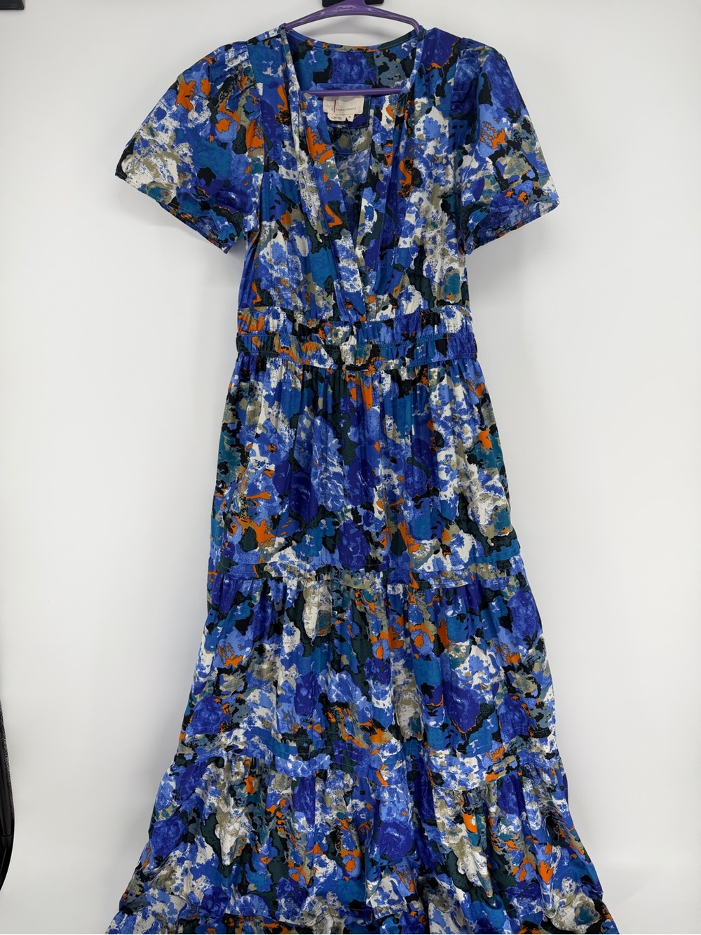 Anthropologie Blue Abstract Tiered Maxi Dress with Orange Accents Pockets Sz XS